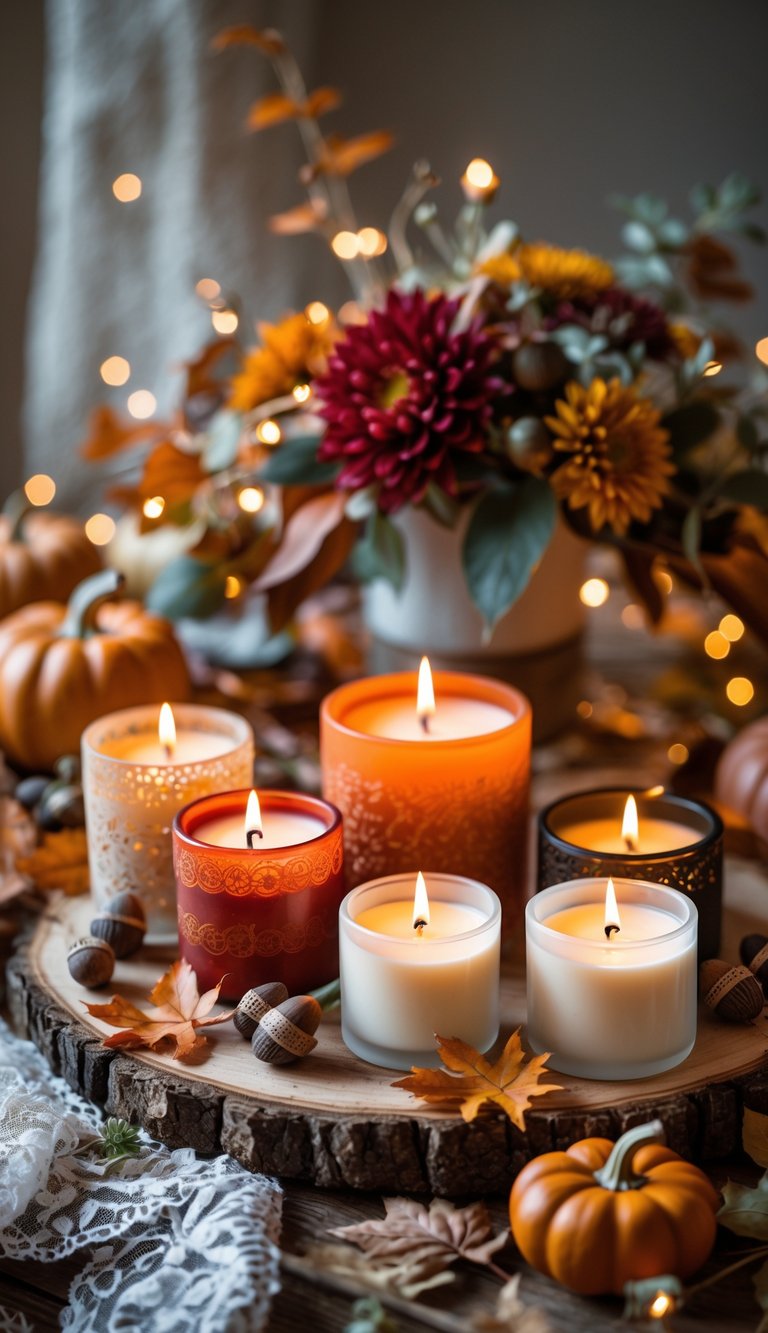 A rustic table with handmade fall-scented candles surrounded by autumn leaves, small pumpkins, and floral decorations creating a warm, romantic setting.